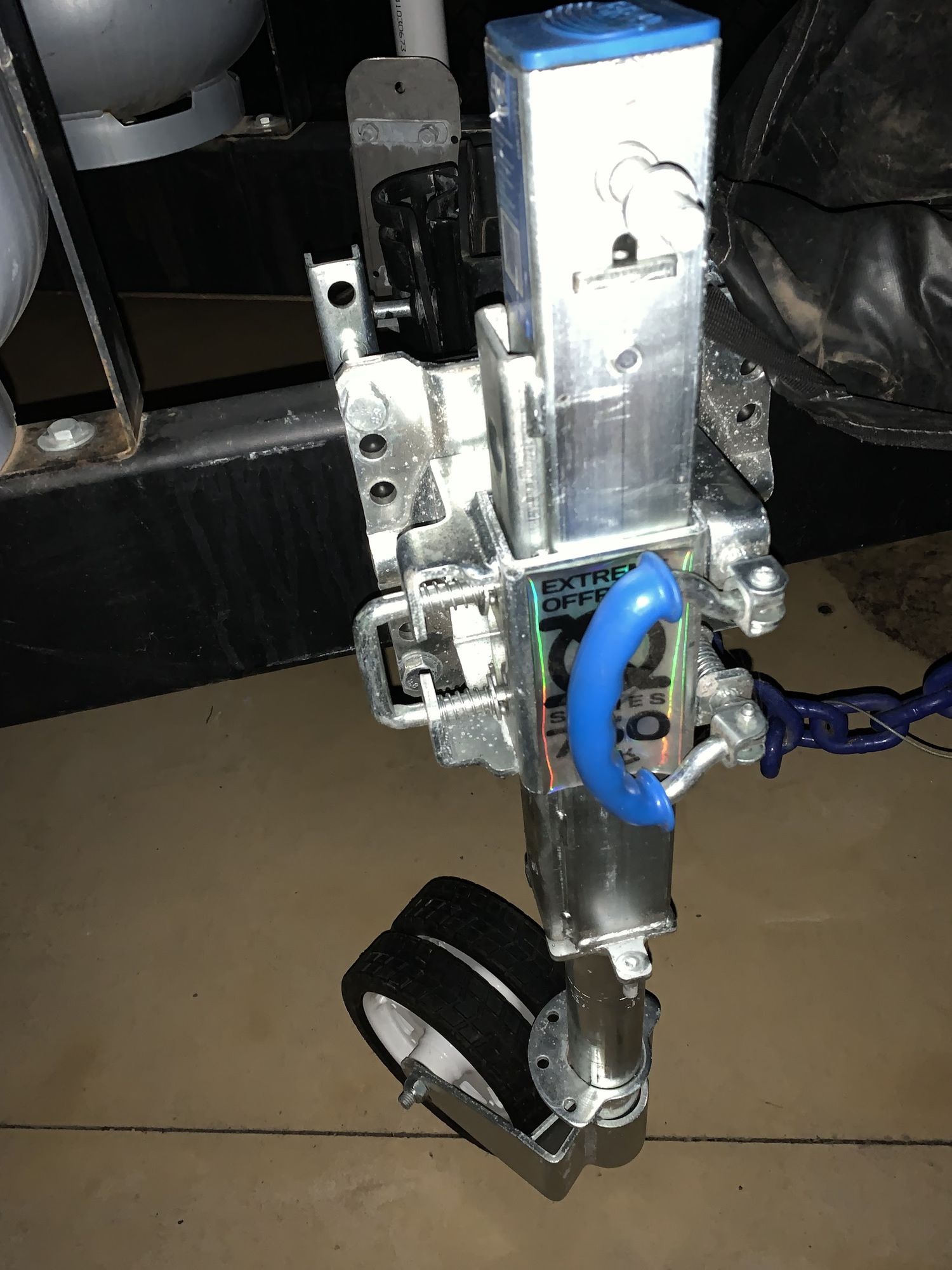 A newly fitted jockey wheel on a caravan A frame